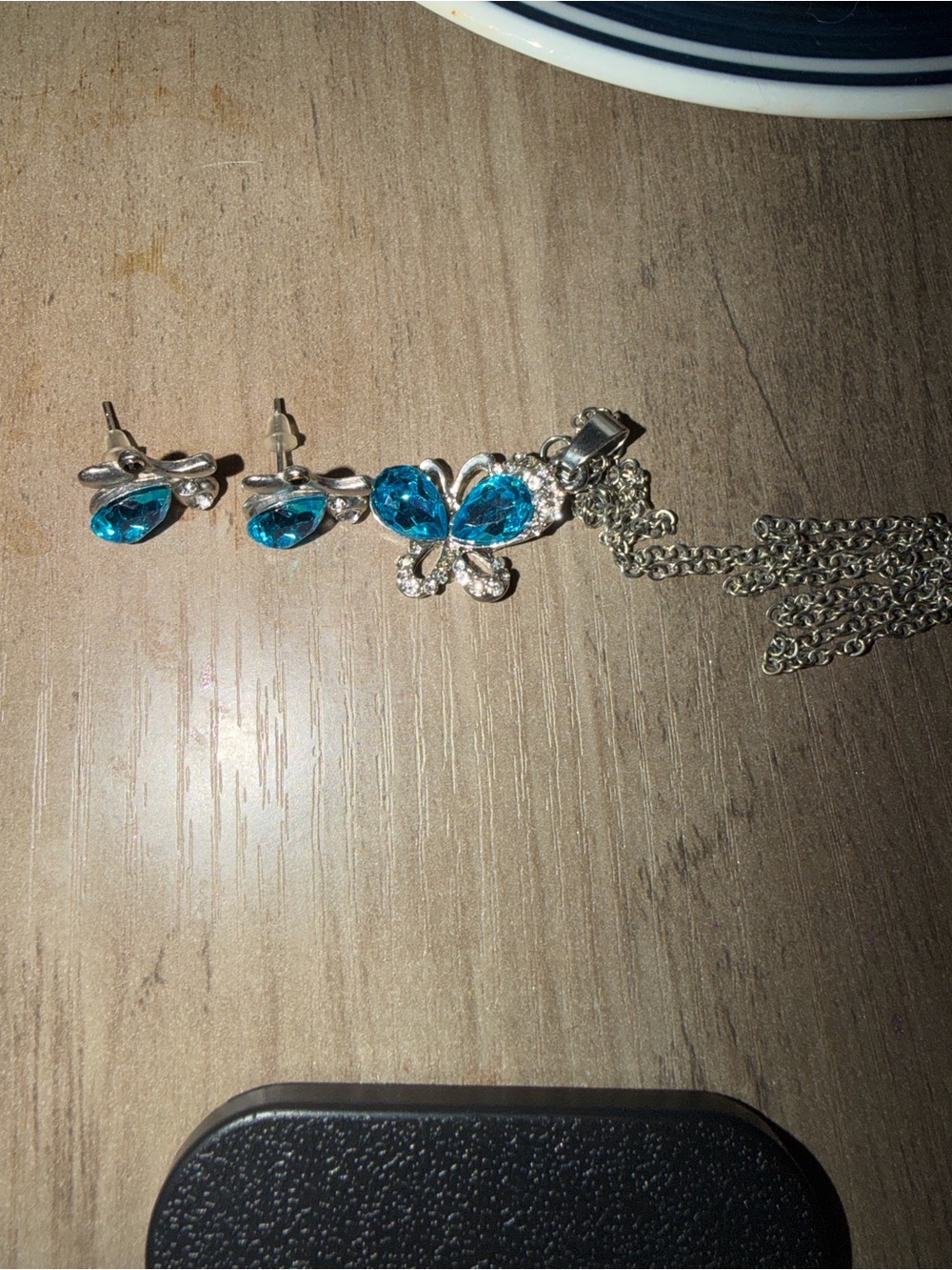 Silver-Tone Butterfly Necklace and Earrings Set with Aqua Blue Crystals